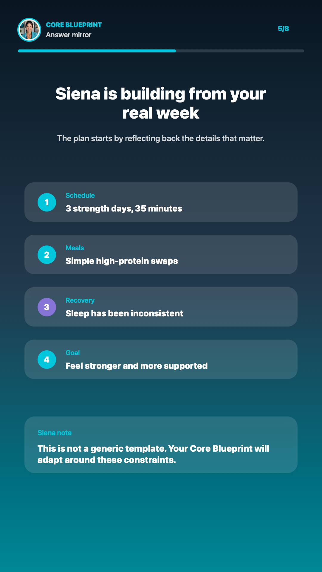 TonedCore onboarding answer mirror screen