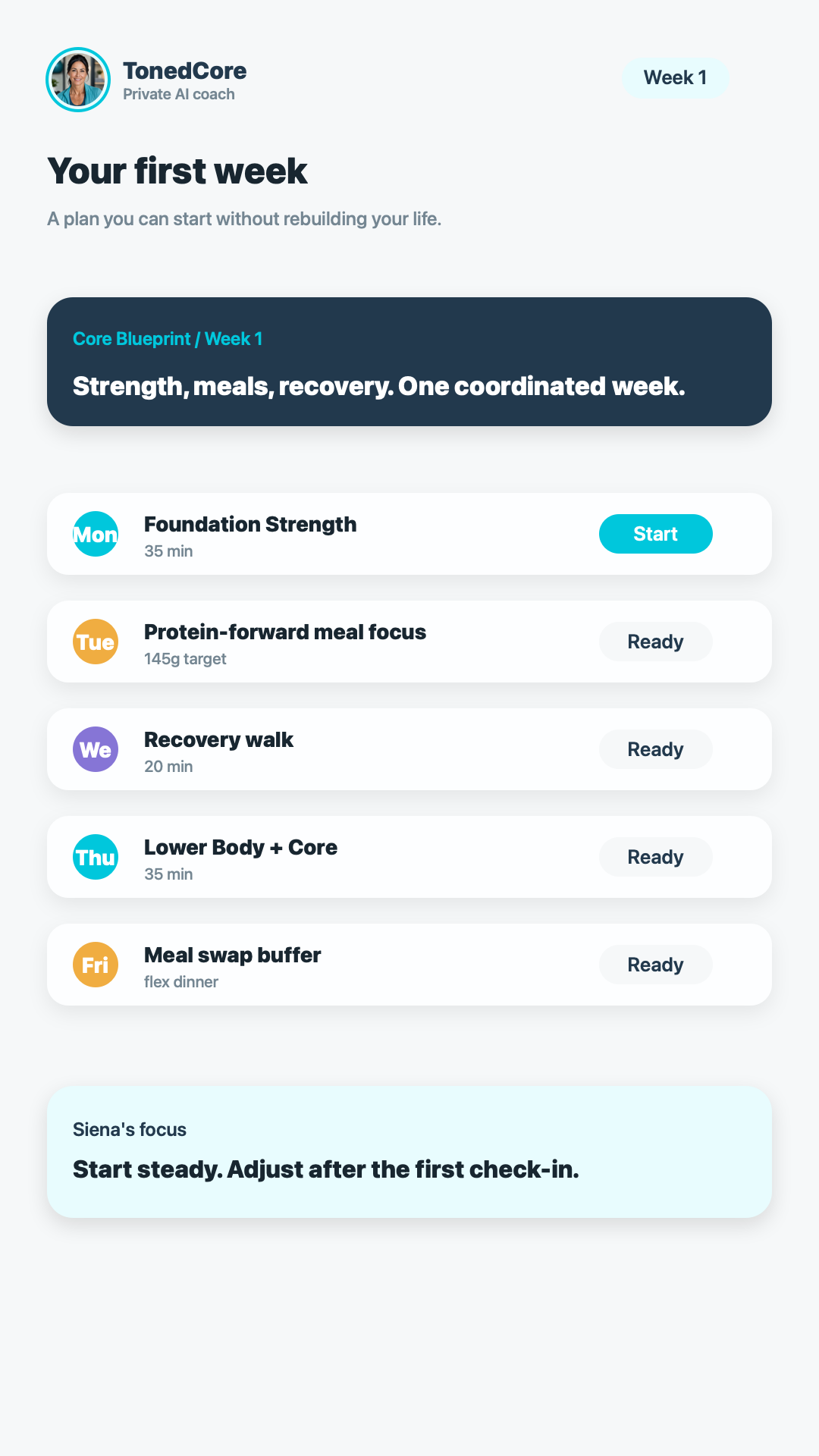 TonedCore first-week plan preview screen