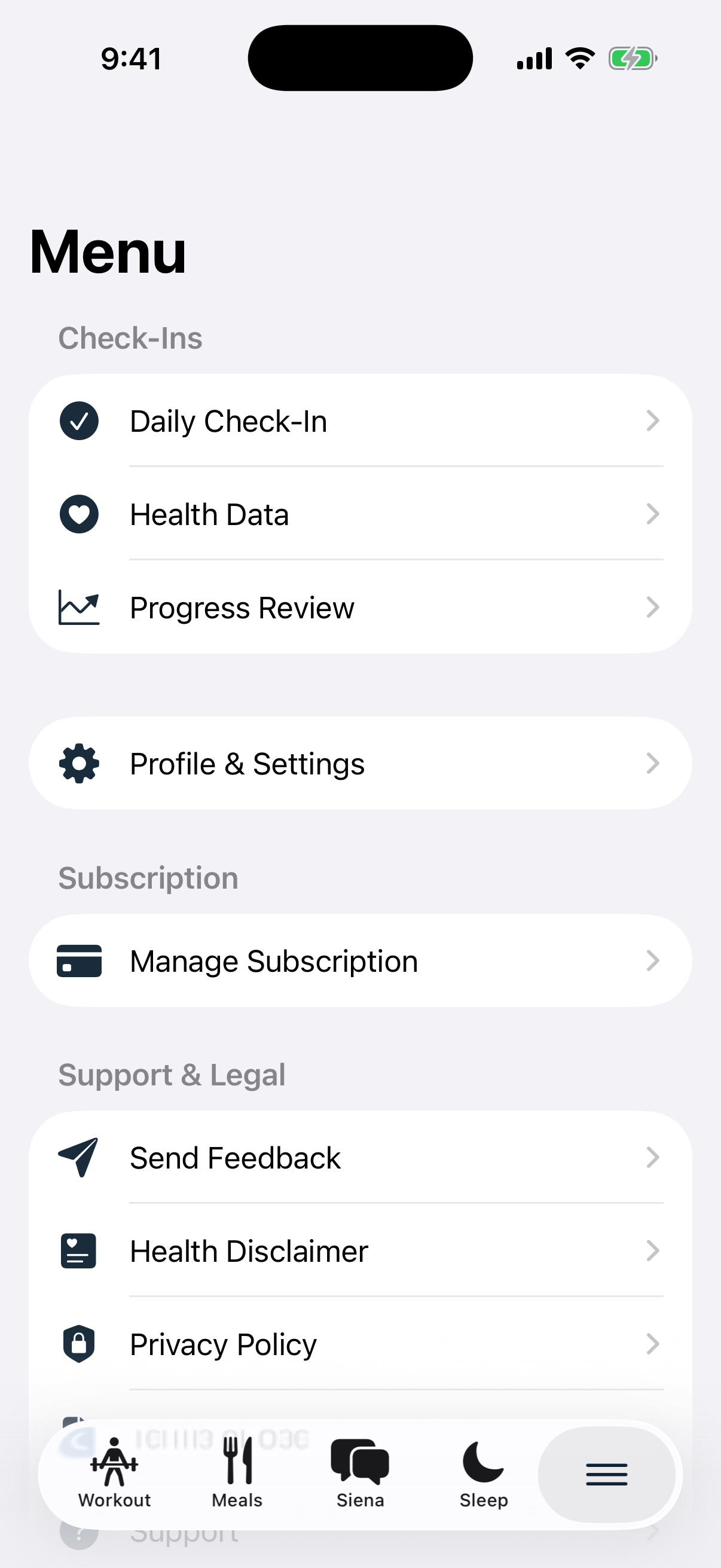 TonedCore progress and privacy menu screen